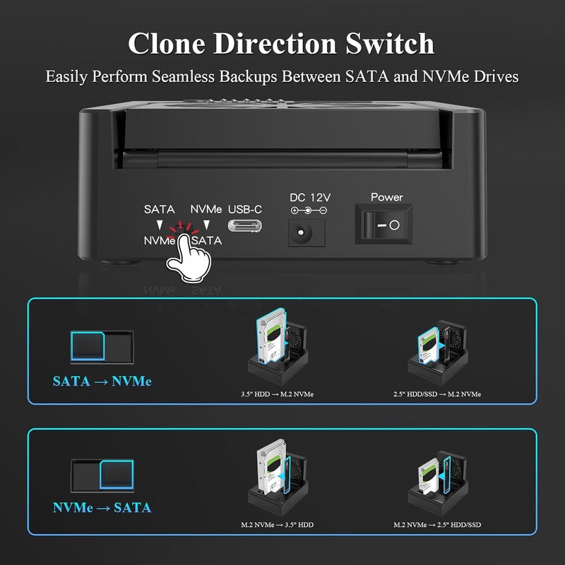 xiaobi M.2 NVMe & SATA HDD Docking Station,10Gbps USB3.2 Gen2 SSD Cloner for M.2 NVMe SSD + SATA 2.5”/3.5” HDD Converter, Offline Cloning, Tool-Free, Cooling Fan - Image 3